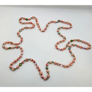 Vintage Pink Rose QUARTZ Stone & Crystal Beaded Necklace 1960s - 54"